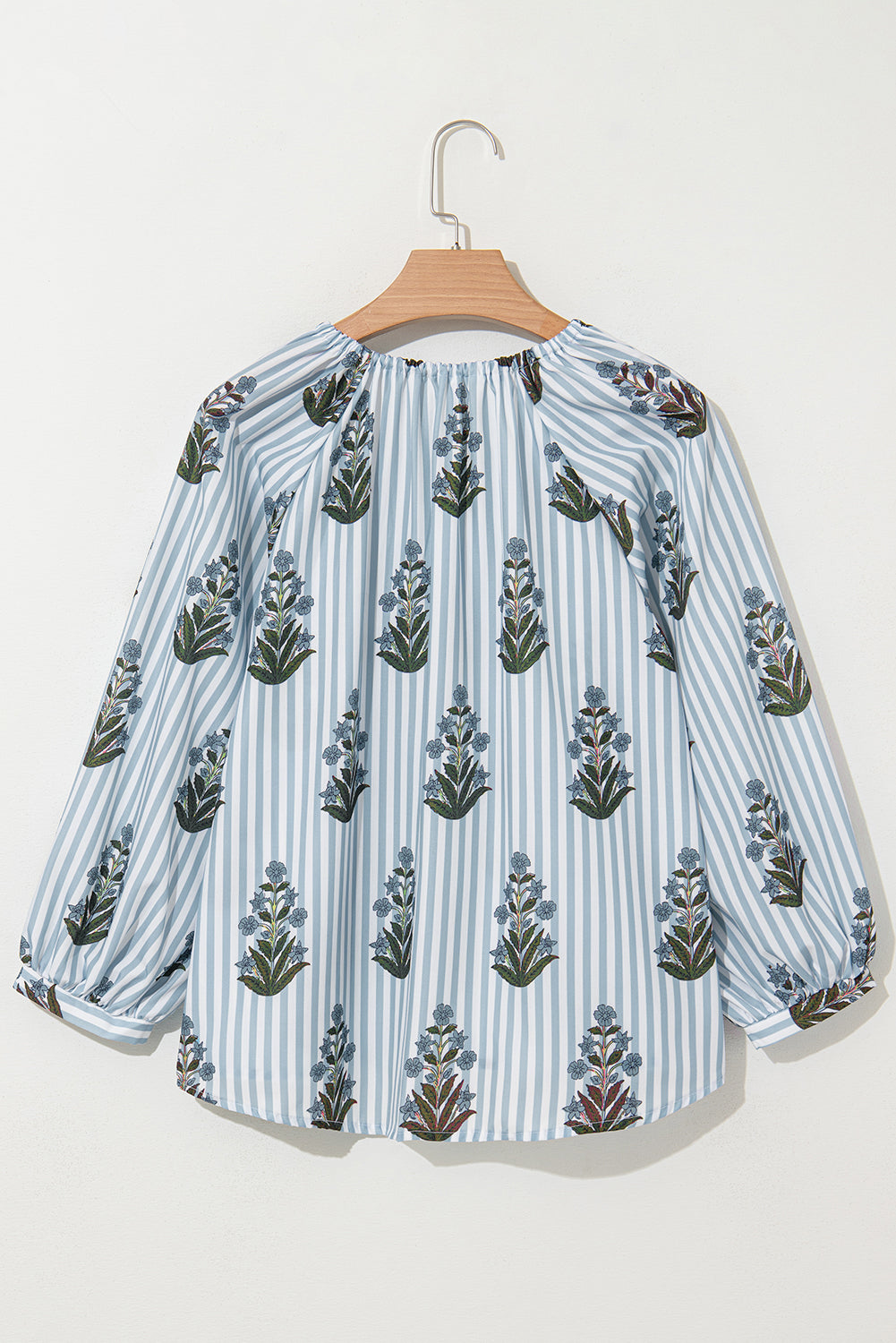 Beau Blue Striped Floral Printed Long Sleeve Tied V Neck Blouse-Chaelisa's New Jammies