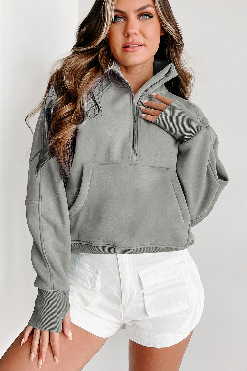 Gray Zip Up Stand Collar Ribbed Thumbhole Sleeve Sweatshirt-Chaelisa's New Jammies