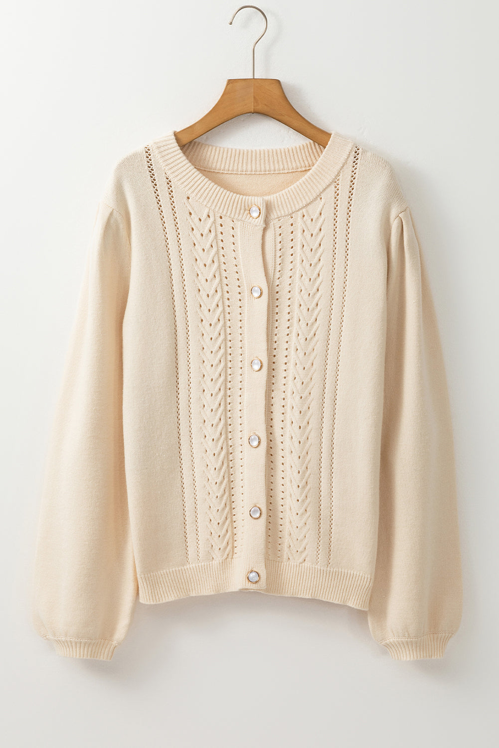 Apricot Pleated Sleeve Hollow Detail Button Sweater Cardigan-Chaelisa's New Jammies