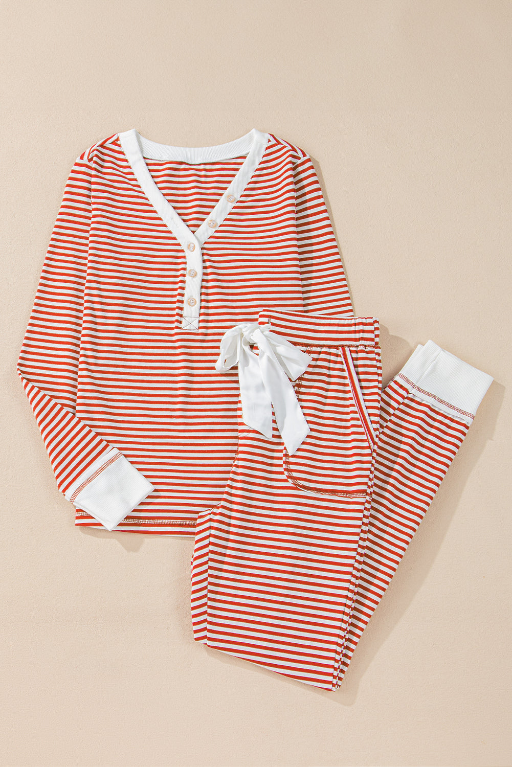 Red Stripe Buttoned V Neck Top and Knotted Waist Pants Lounge Set-Chaelisa's New Jammies