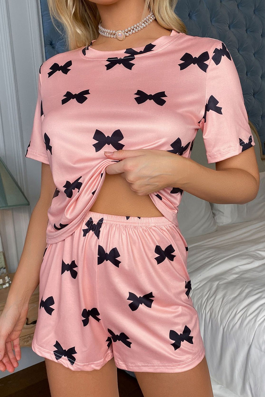 Pink Bow Printed Short 2pcs Lounge Set-Chaelisa's New Jammies