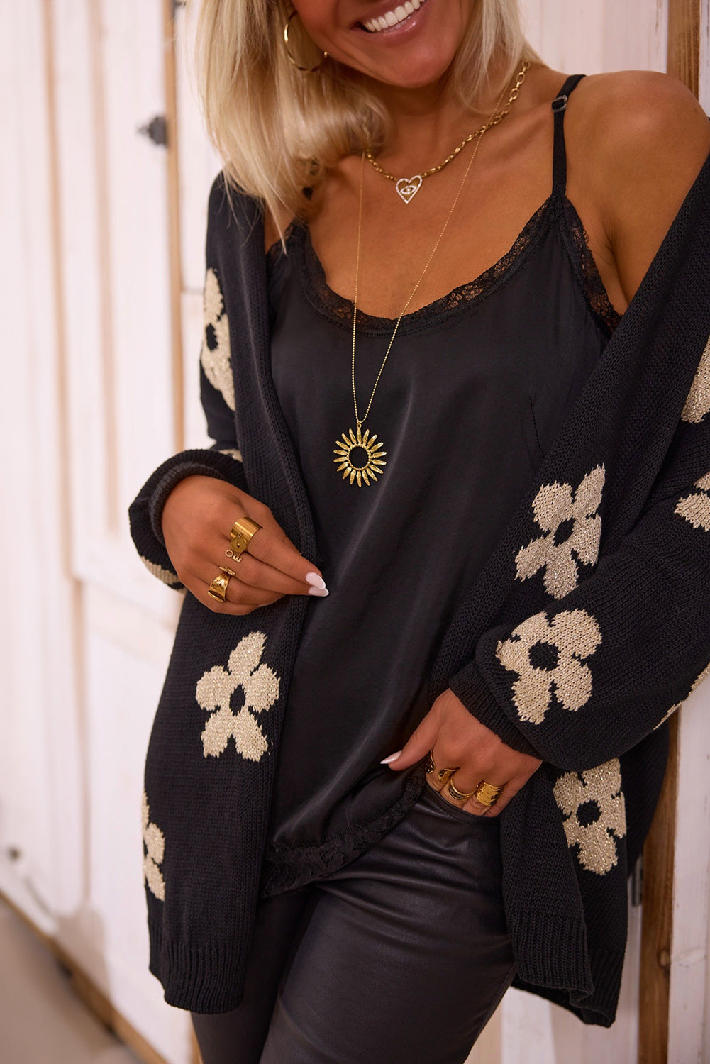 Black Floral Print Knitted Open Front Loose Cardigan-Chaelisa's New Jammies