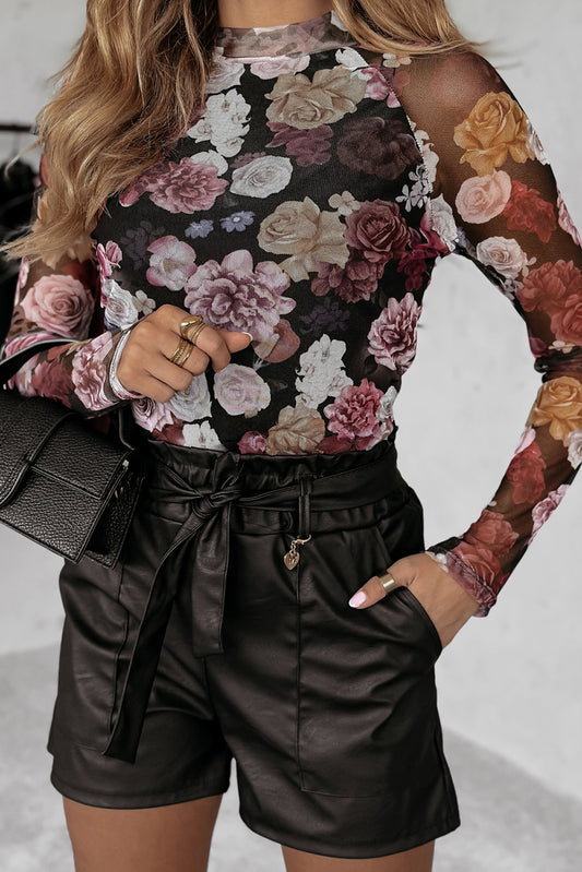 Pink Mesh Floral Print Mock Neck Long Sleeve Slim Top-Chaelisa's New Jammies