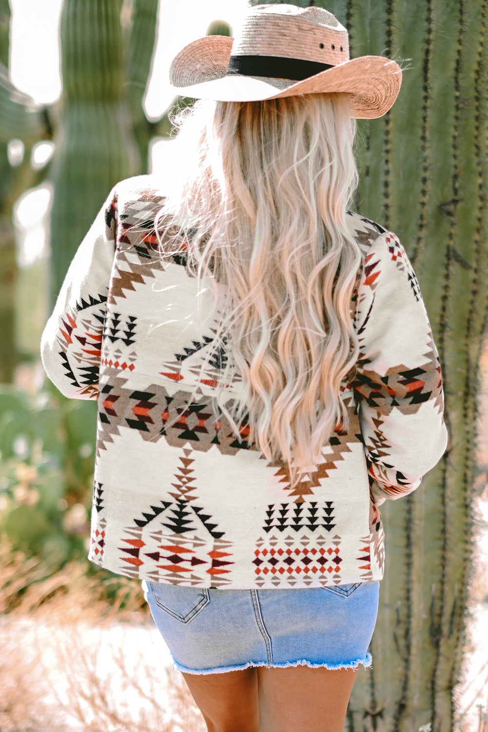 Beige Aztec Printed Stand Neck Zip Up Jacket-Chaelisa's New Jammies