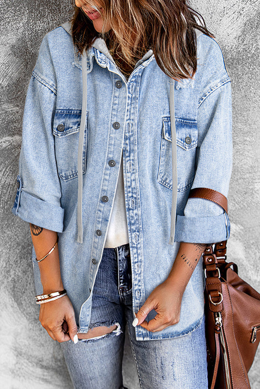 Mist Blue Oversized Contrast Hooded Denim Jacket-Chaelisa's New Jammies