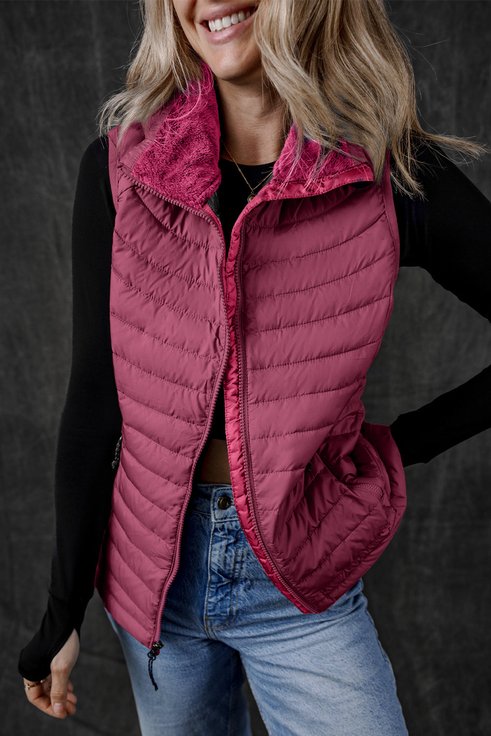 Burgundy Plush Collared Quilted Zipped Puffer Vest-Chaelisa's New Jammies