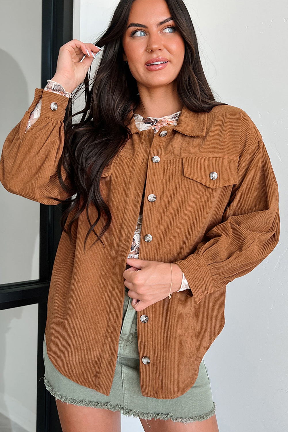 Cinnamon Corduroy Flap Pocket Button Up Round Hem Shacket-Chaelisa's New Jammies