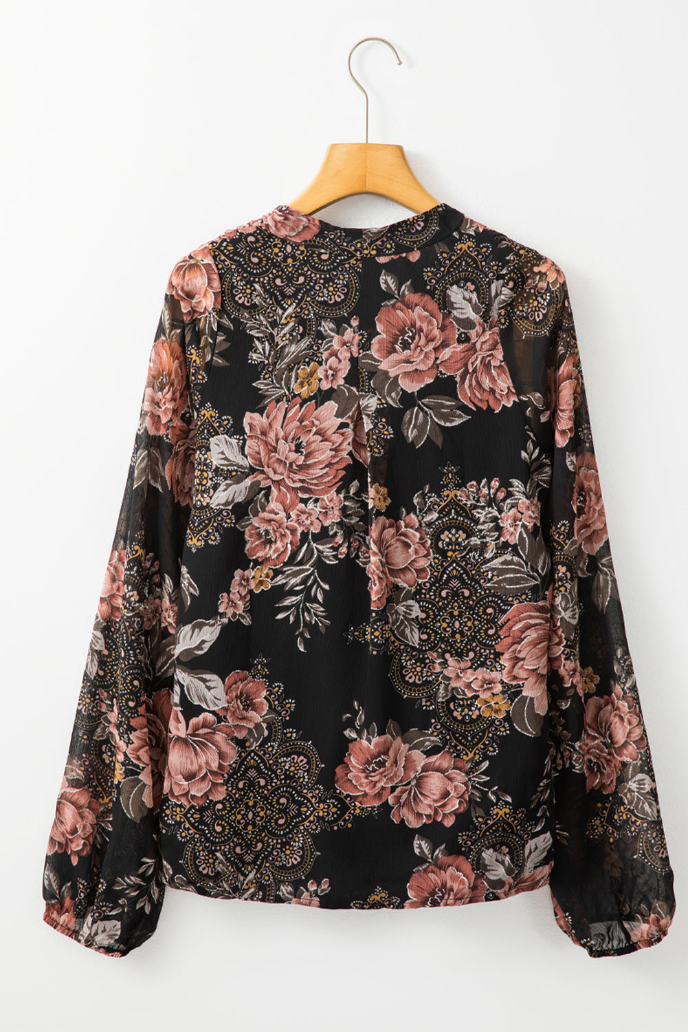 Black Floral Print Criss Cross V Neck Balloon Sleeve Blouse-Chaelisa's New Jammies