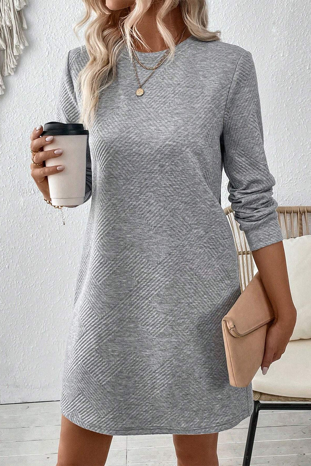 Gray Solid Color Textured Long Sleeve Shift Dress-Chaelisa's New Jammies
