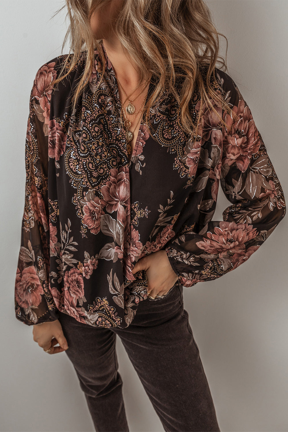 Black Floral Print Criss Cross V Neck Balloon Sleeve Blouse-Chaelisa's New Jammies