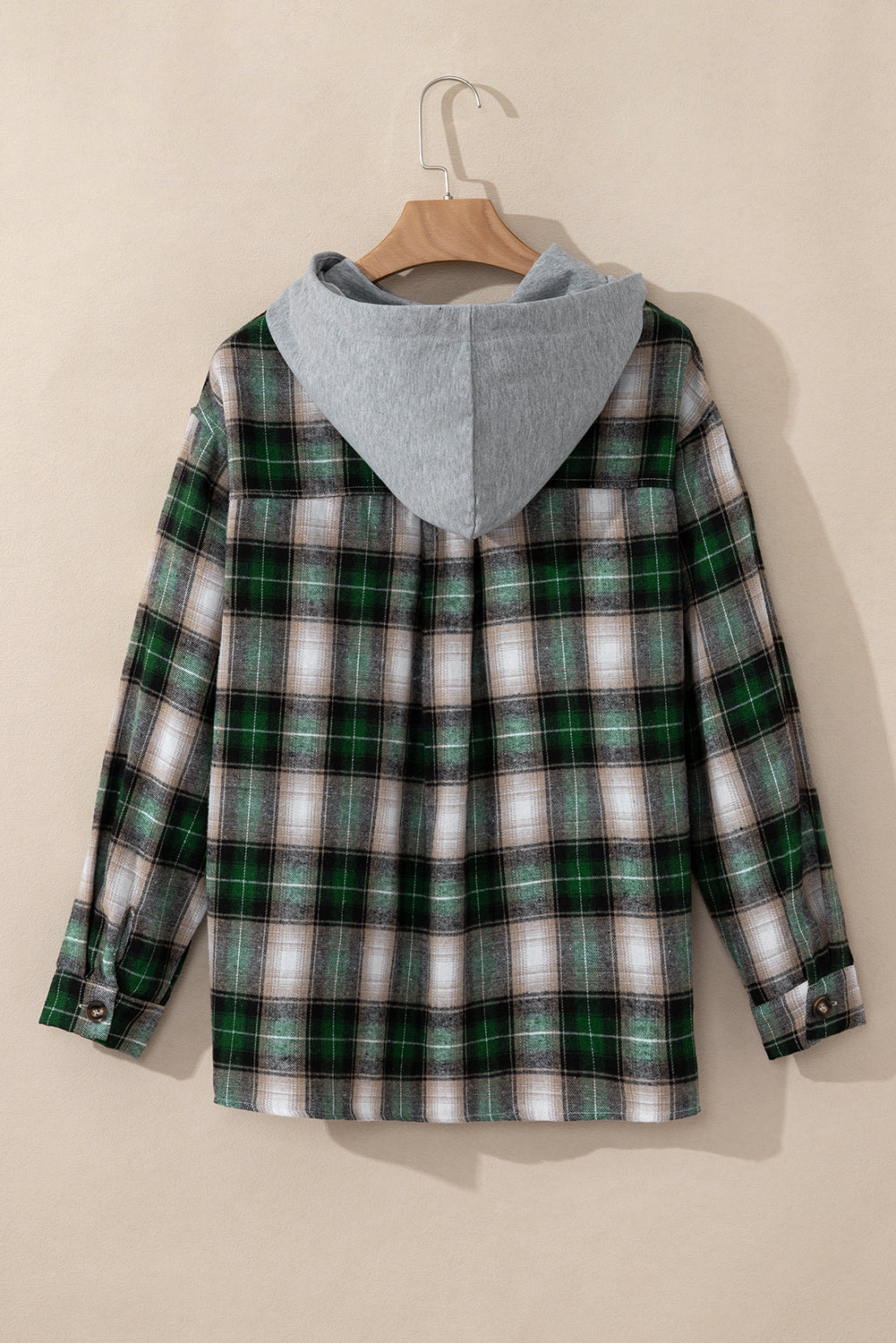 Green Plaid Print Chest Pocket Buttoned Hooded Shacket-Chaelisa's New Jammies
