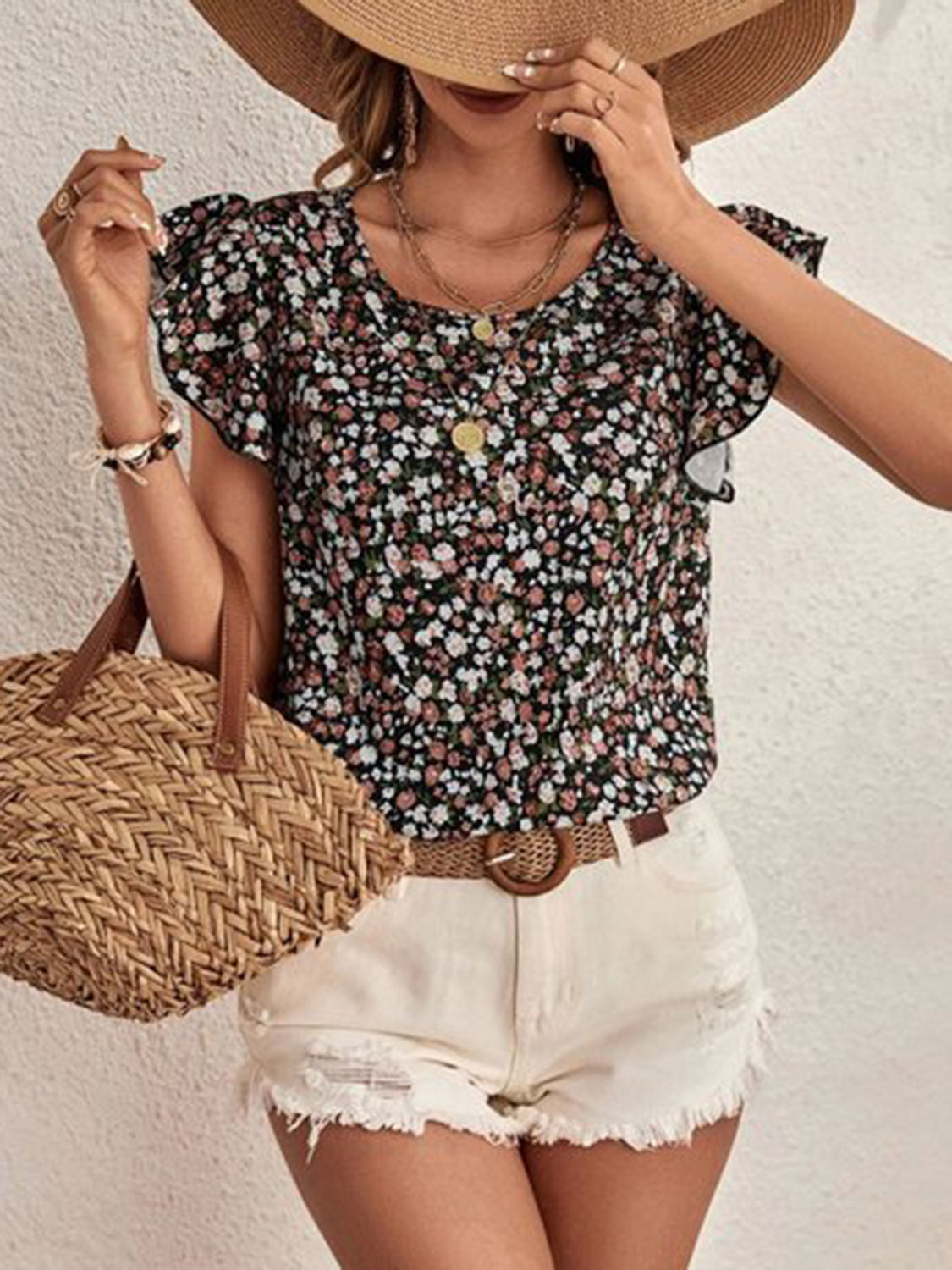 Ditsy Floral Round Neck Cap Sleeve Top-Chaelisa's New Jammies