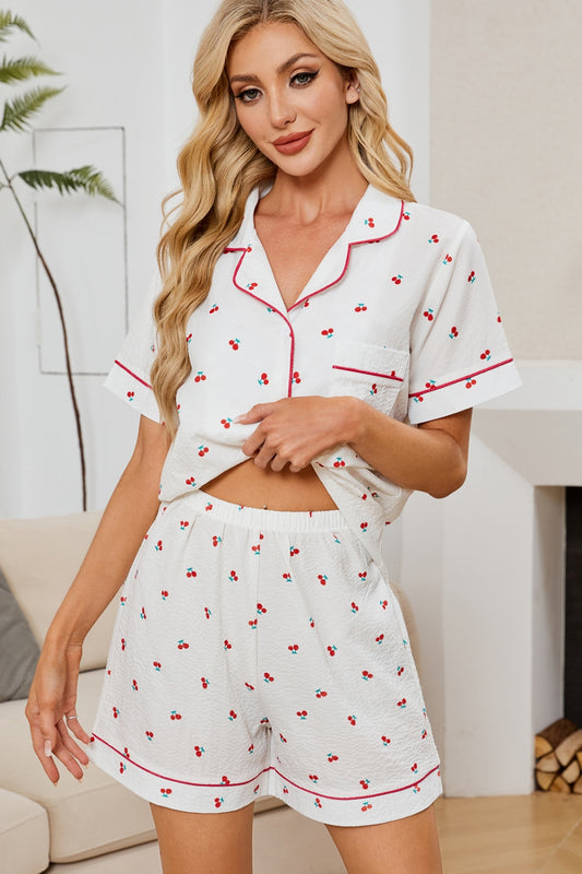 Cheery Print Collared Neck Top and Shorts Lounge Set-Chaelisa's New Jammies