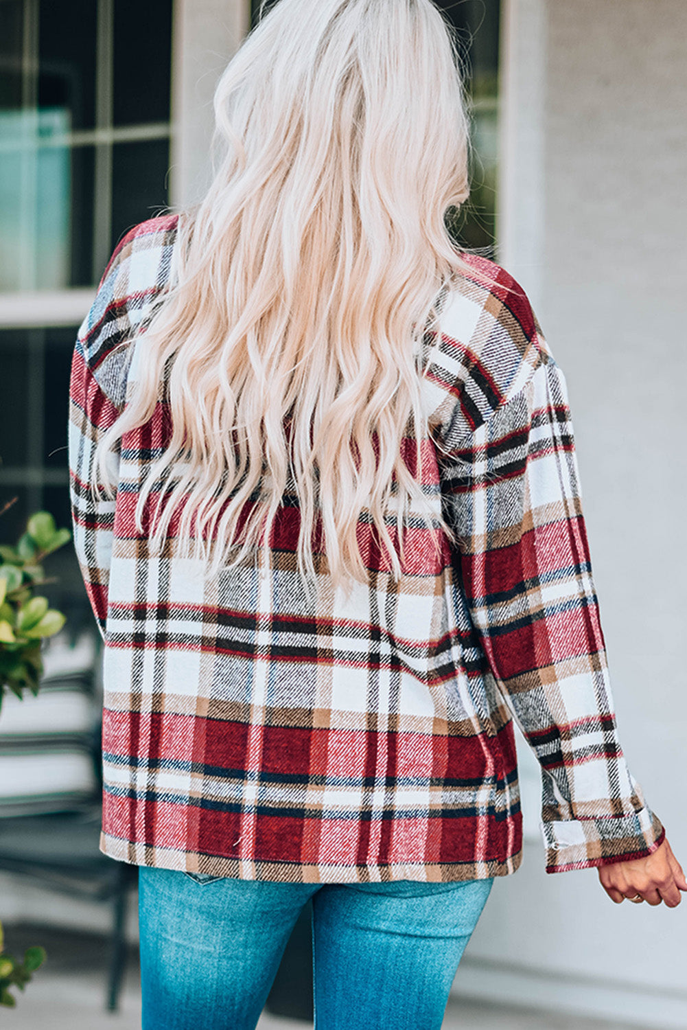 Fiery Red Geometric Plaid Print Pocketed Shacket-Chaelisa's New Jammies