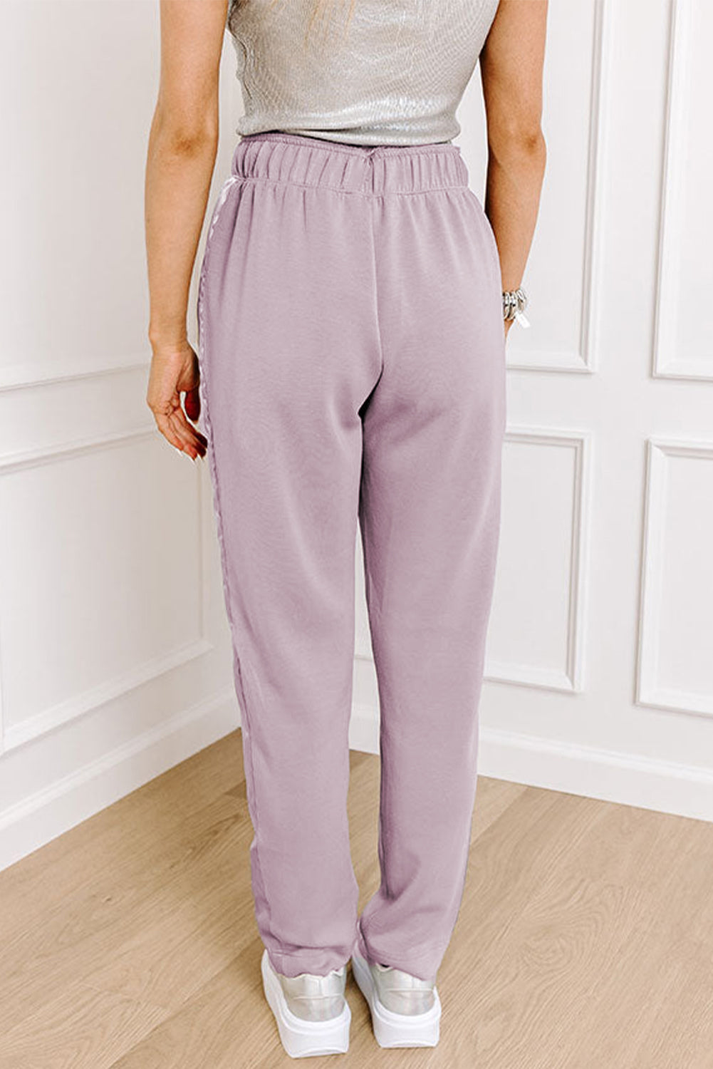Orchid Petal Drawstring Waist Satin Stripe Patch Straight Leg High Waist Pants-Chaelisa's New Jammies