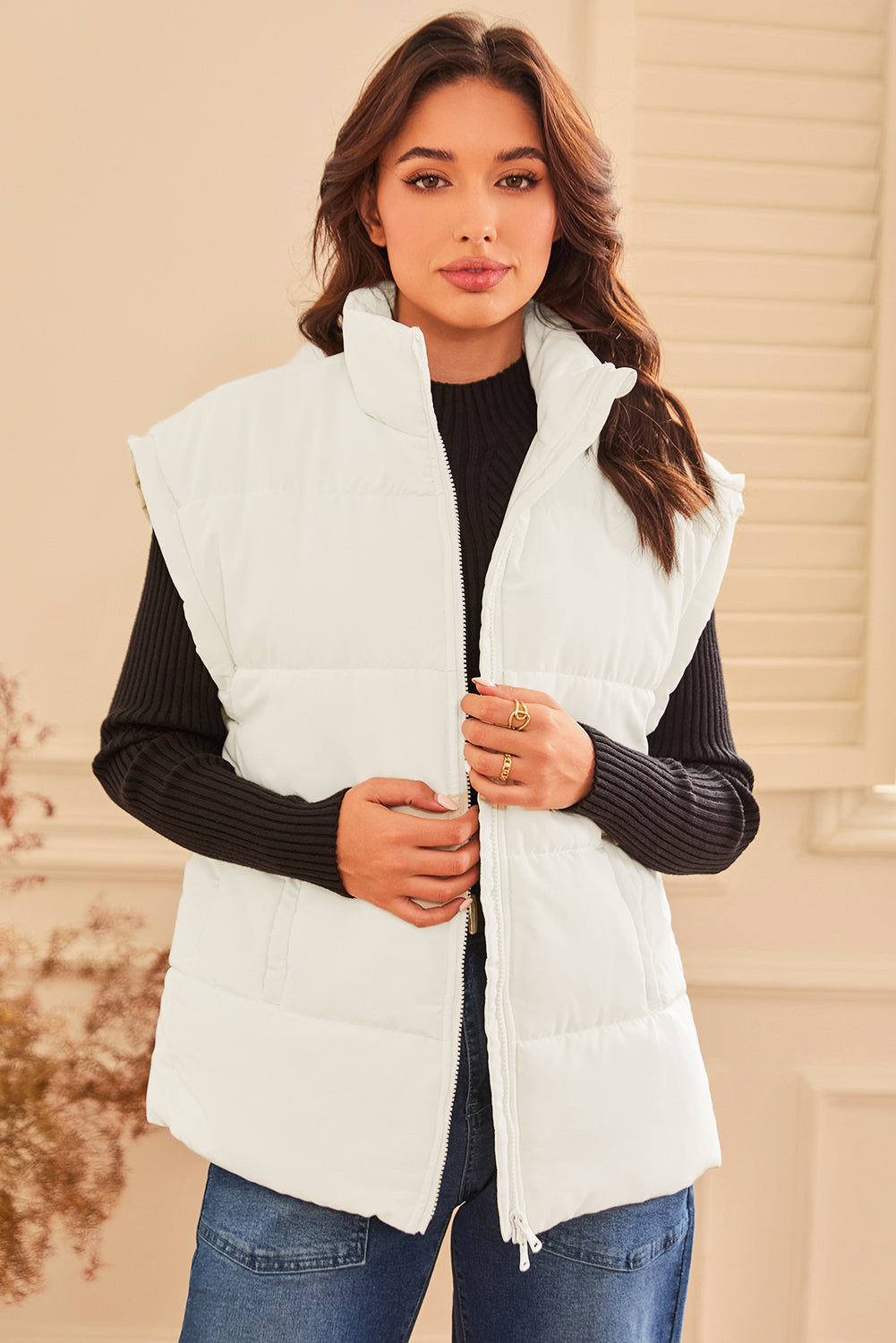 Beige Zipper Stand Neck Oversized Puffer Vest-Chaelisa's New Jammies