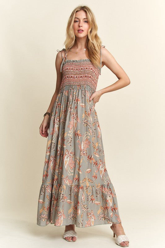 ADORA Smocked Printed Square Neck Tie Shoulder Cami Dress-Chaelisa's New Jammies