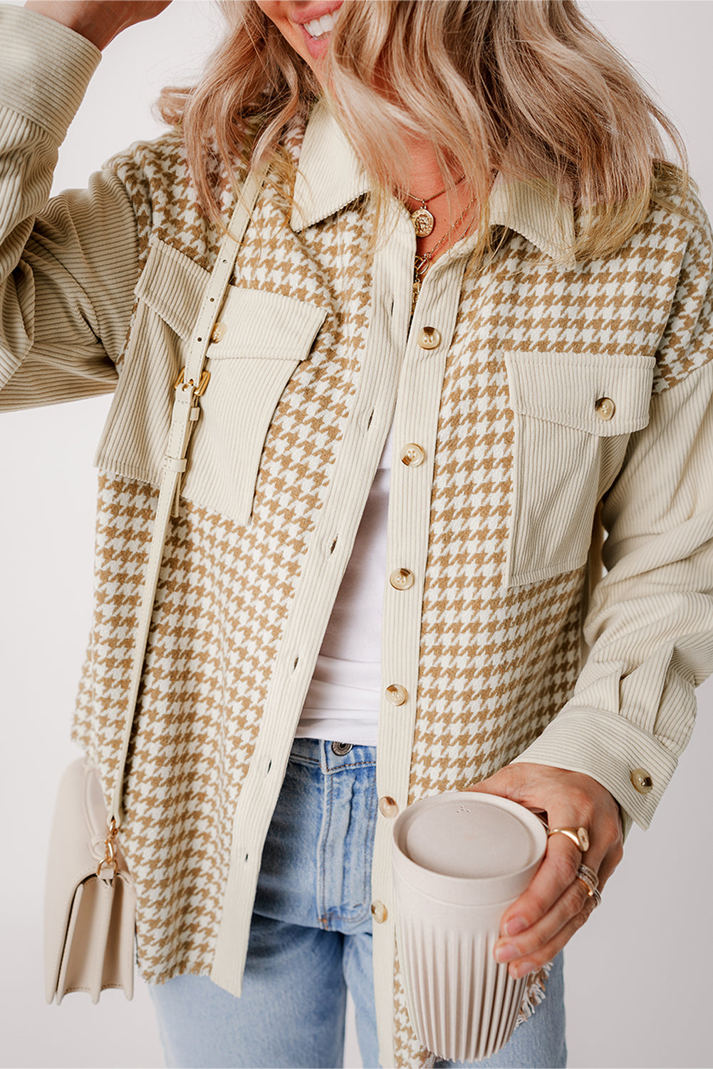 Parchment Houndstooth Corduroy Patchwork Flap Pocket Shacket-Chaelisa's New Jammies