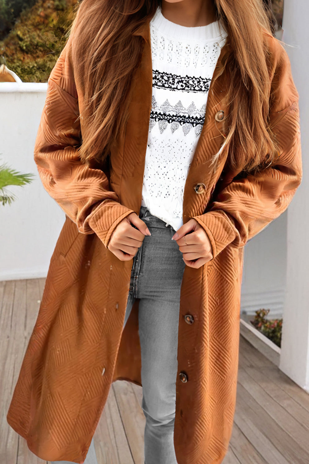 Gold Flame Textured Collared Drop Shoulder Buttoned Front Duster Coat-Chaelisa's New Jammies