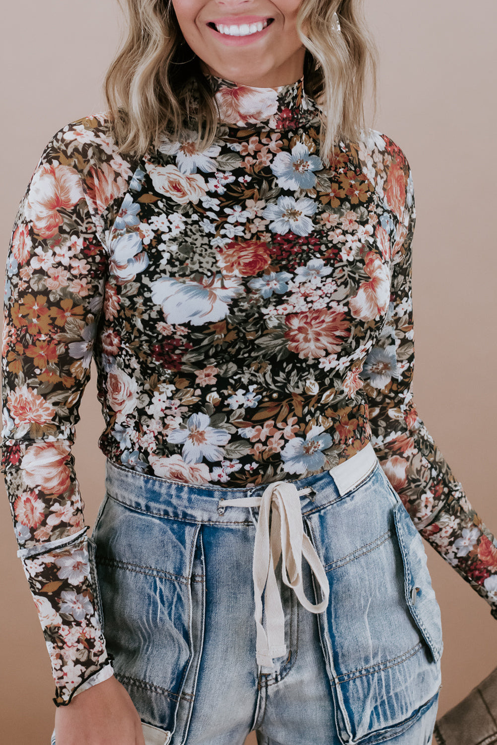 Brown Floral Long Sleeve High Neck Sheath Mesh Blouse-Chaelisa's New Jammies