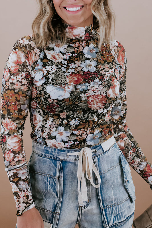 Brown Floral Long Sleeve High Neck Sheath Mesh Blouse-Chaelisa's New Jammies