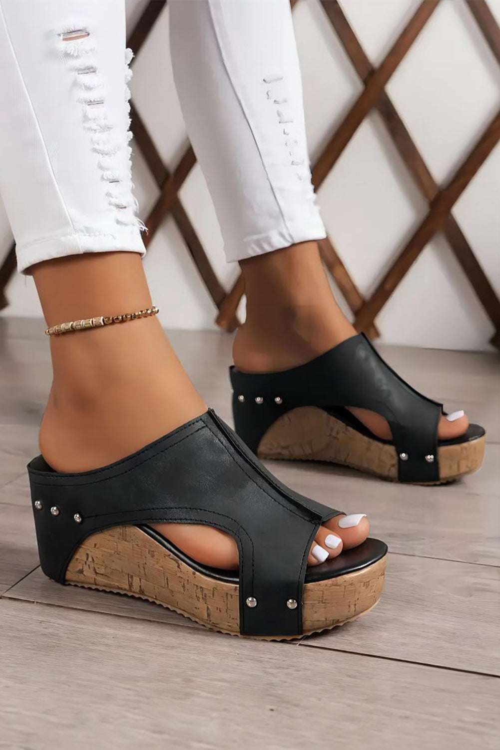Black Hollow Out Studded PU Leather Wedge Slippers-Chaelisa's New Jammies