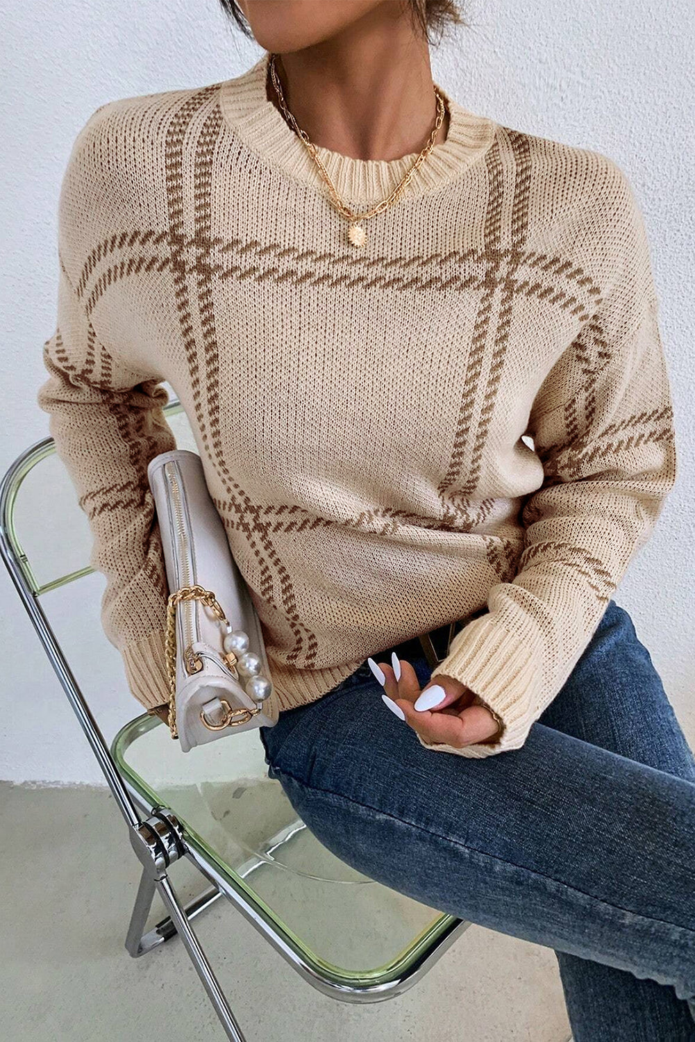 Khaki Plaid Pattern Knitted Drop Shoulder Sweater-Chaelisa's New Jammies