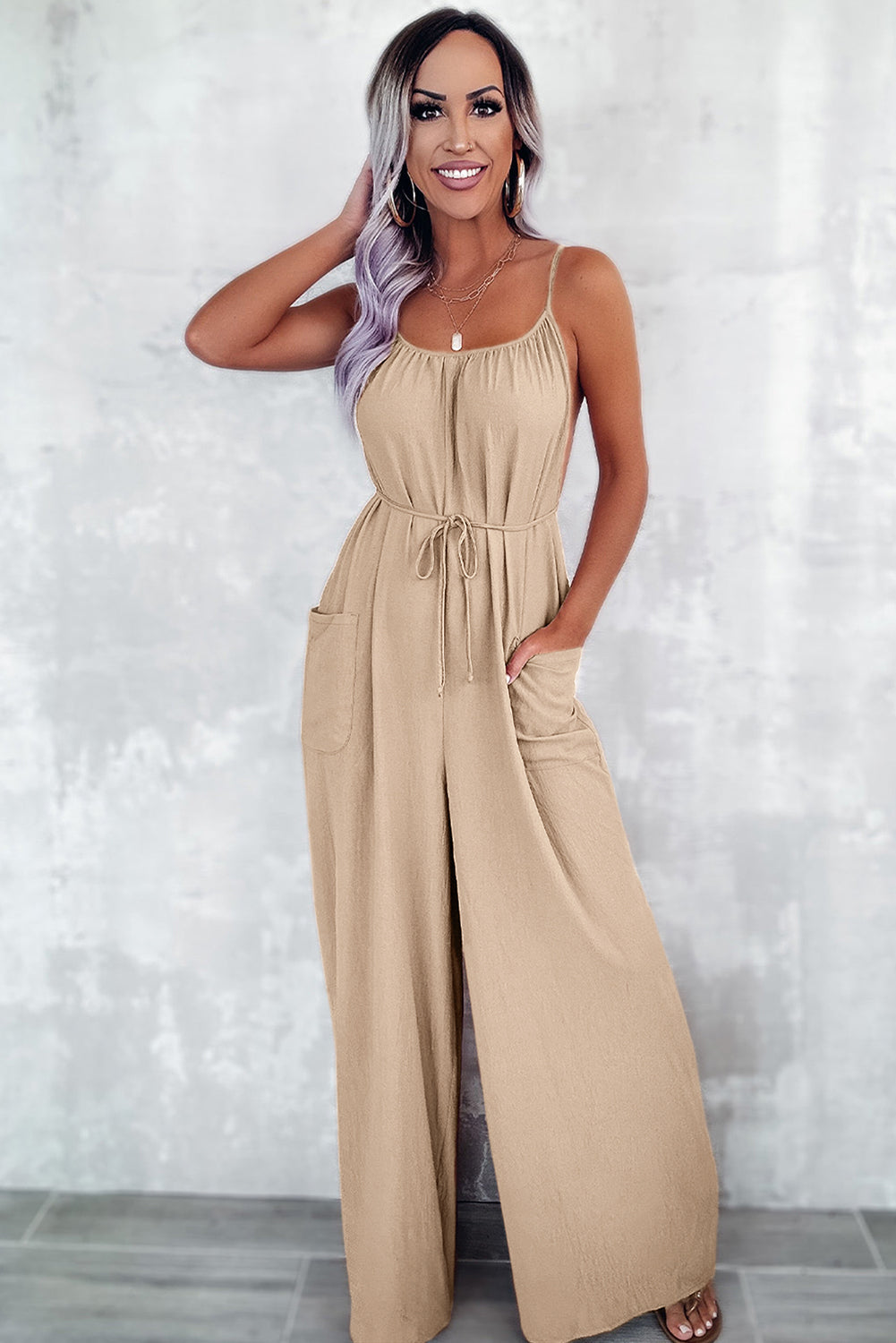 Apricot Spaghetti Straps Waist Tie Wide Leg Jumpsuit with Pockets-Chaelisa's New Jammies