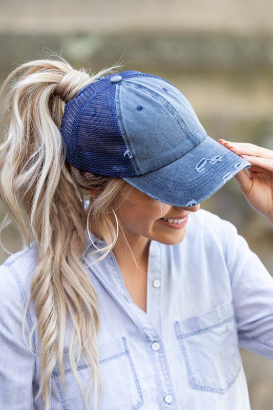 Distressed Messy Bun Hat Cap - Chaelisa's New Jammies