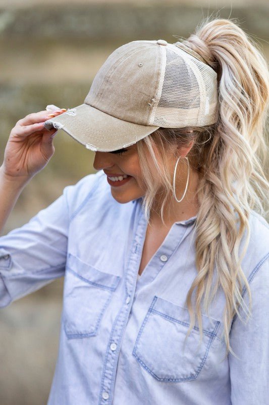 Distressed Messy Bun Hat Cap - Chaelisa's New Jammies