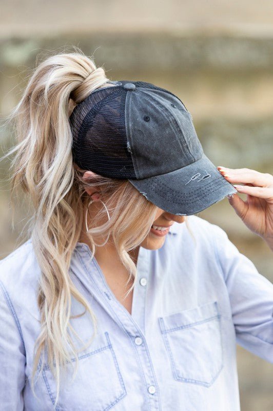 Distressed Messy Bun Hat Cap - Chaelisa's New Jammies
