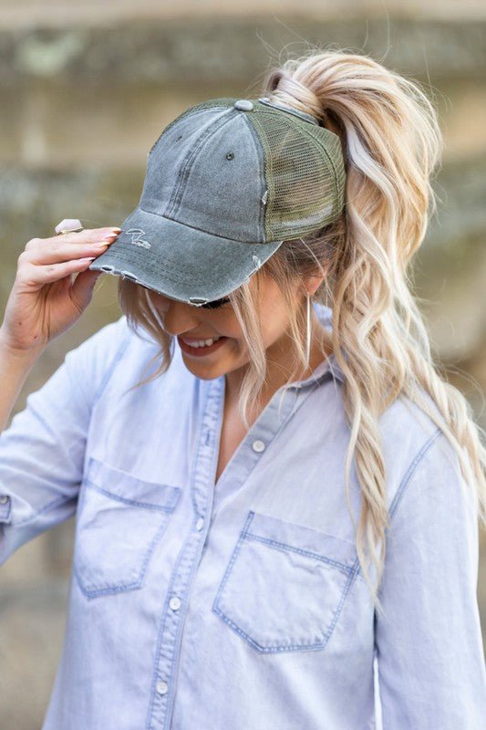 Distressed Messy Bun Hat Cap - Chaelisa's New Jammies