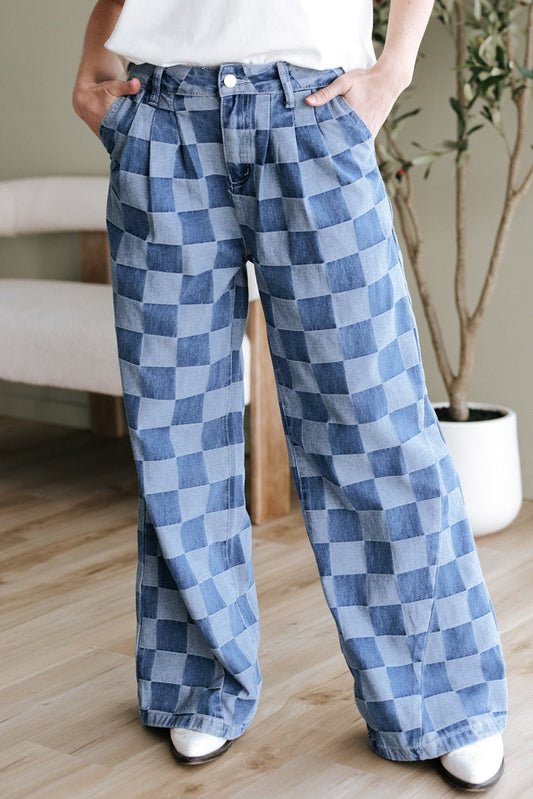 Dusk Blue Checkered Denim Wide Leg Jeans - Chaelisa's New Jammies