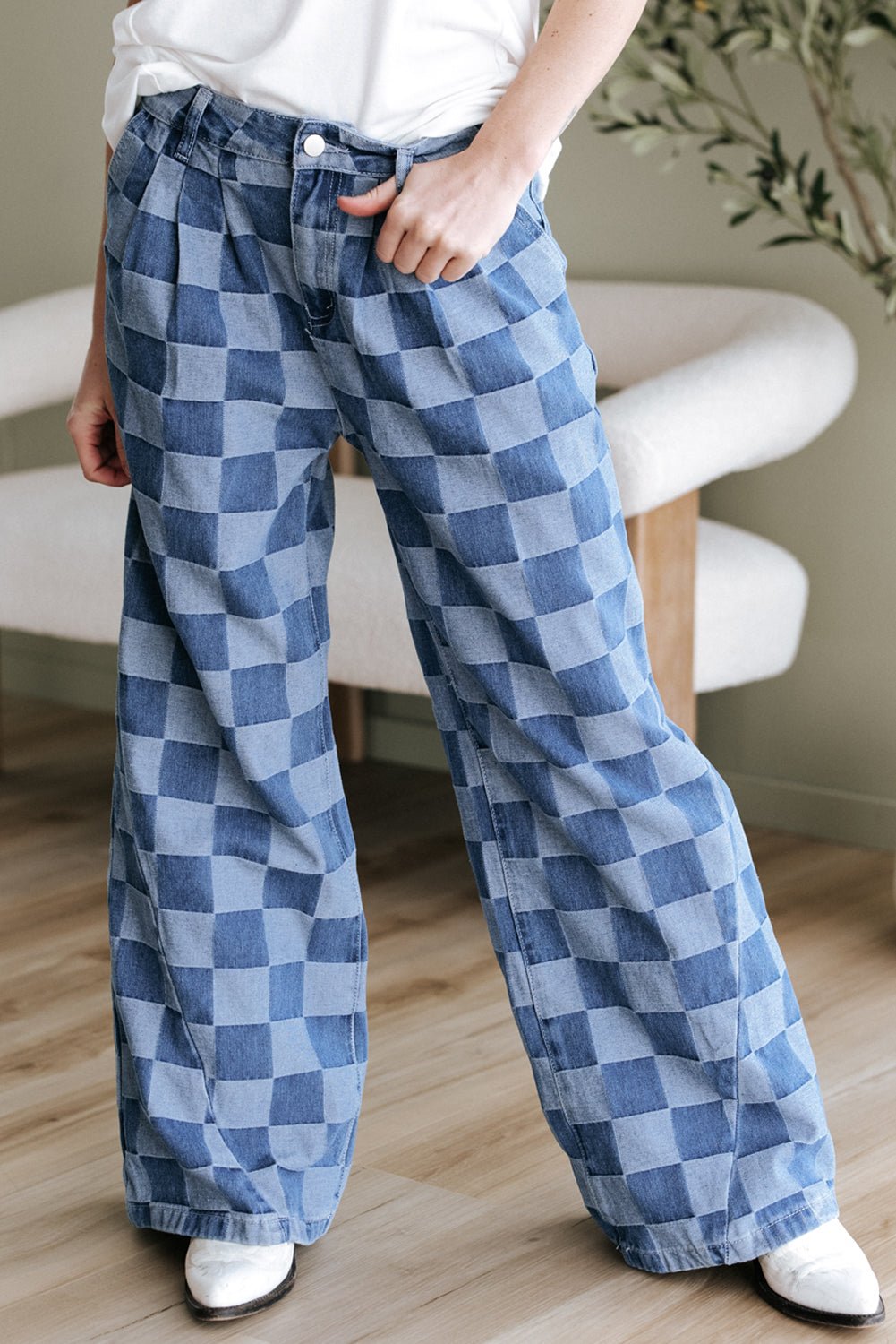 Dusk Blue Checkered Denim Wide Leg Jeans - Chaelisa's New Jammies
