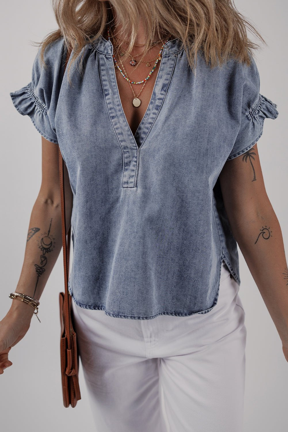 Dusk Blue V Neck Ruffled Short Puff Sleeve Denim Top - Chaelisa's New Jammies