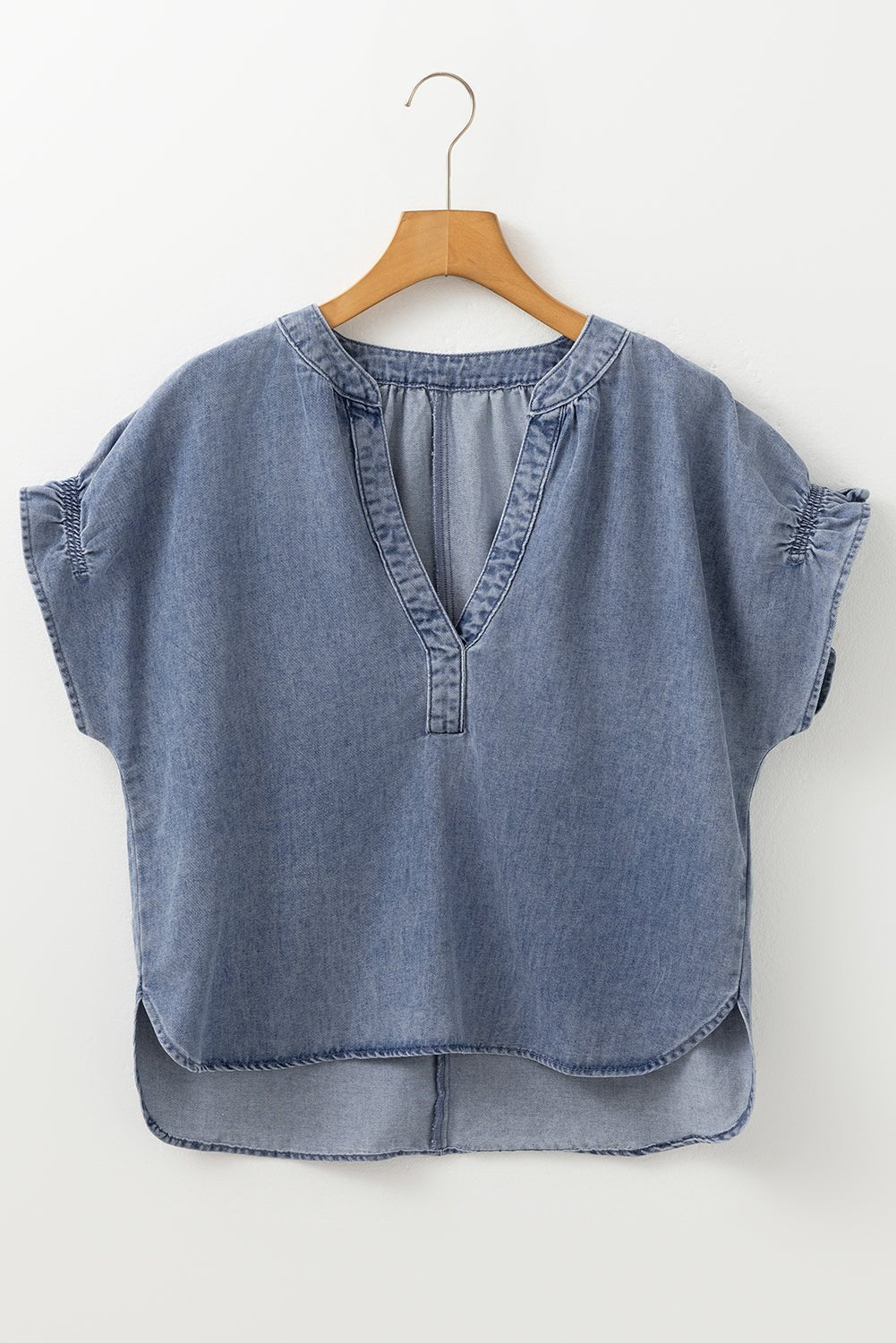 Dusk Blue V Neck Ruffled Short Puff Sleeve Denim Top - Chaelisa's New Jammies
