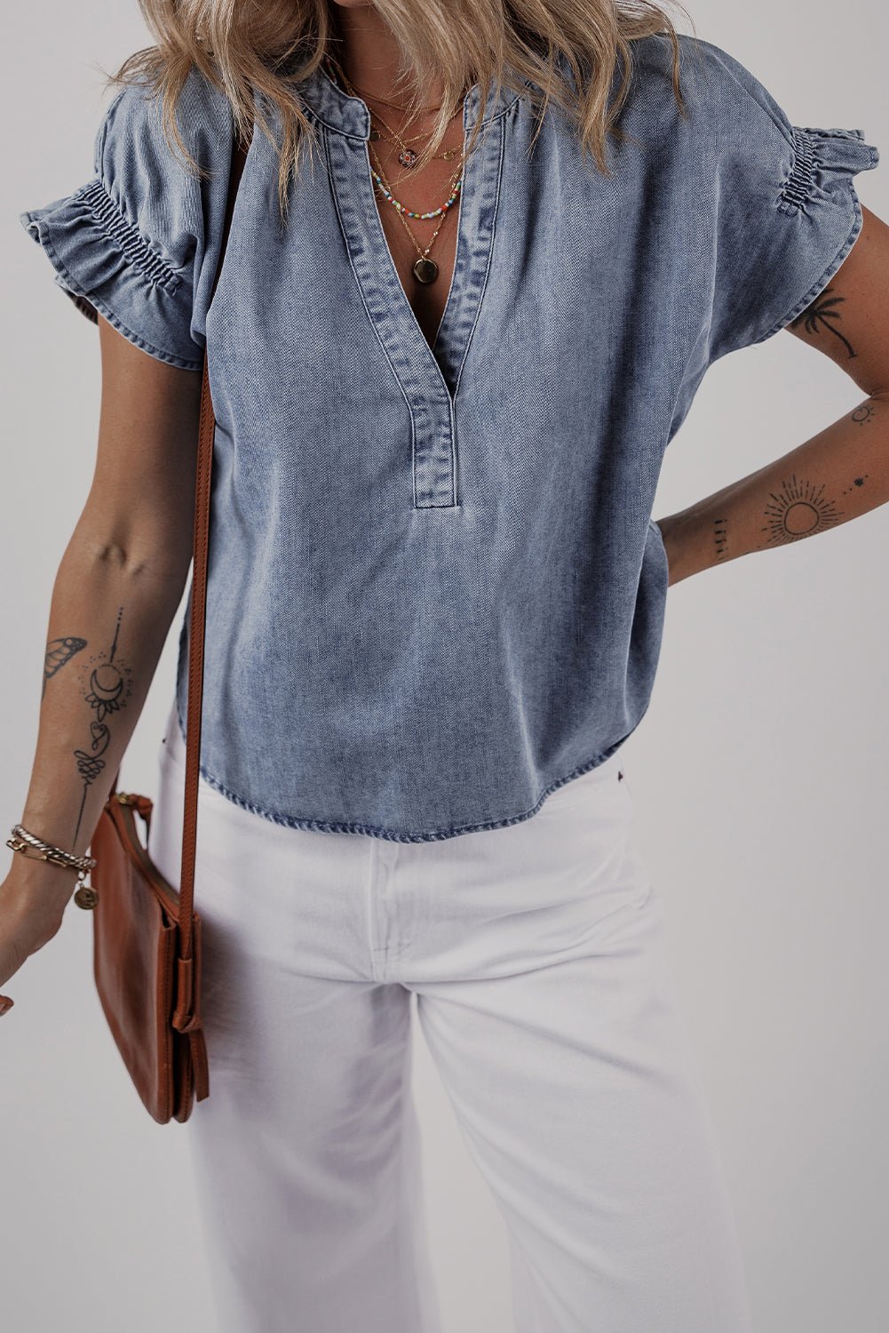 Dusk Blue V Neck Ruffled Short Puff Sleeve Denim Top - Chaelisa's New Jammies