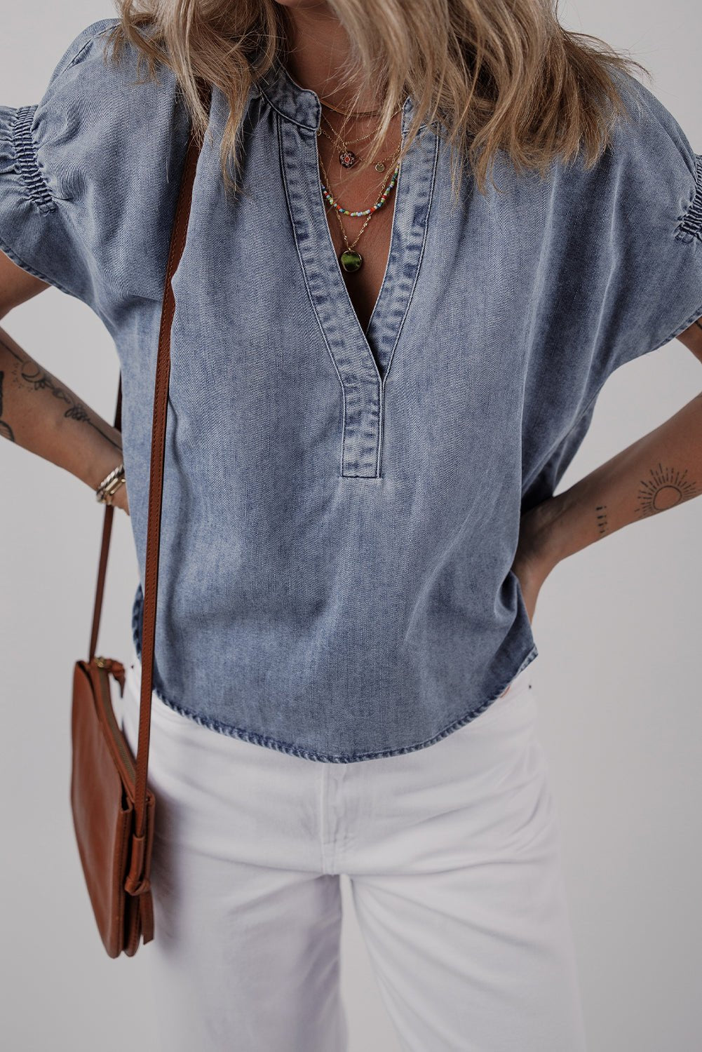 Dusk Blue V Neck Ruffled Short Puff Sleeve Denim Top - Chaelisa's New Jammies