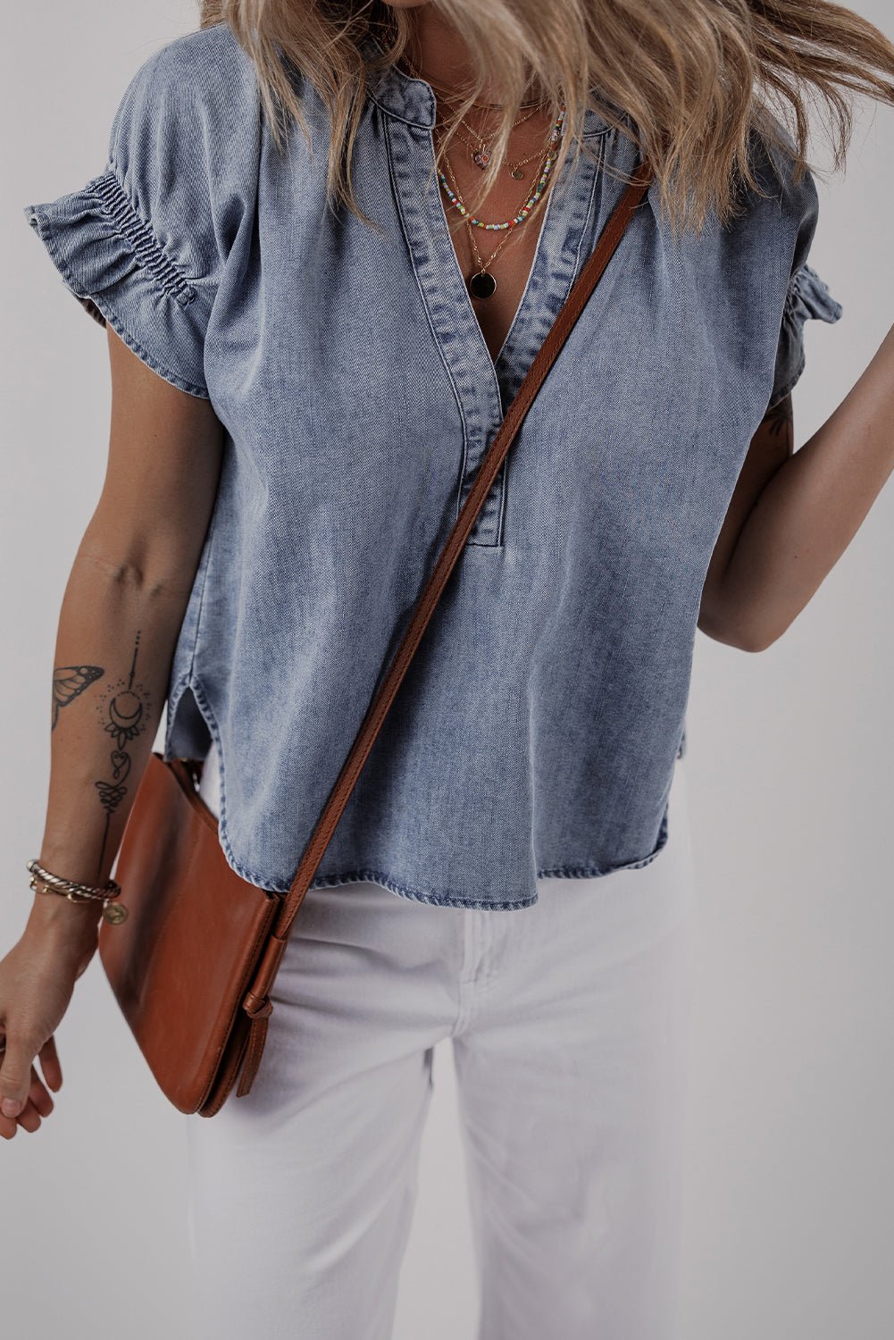 Dusk Blue V Neck Ruffled Short Puff Sleeve Denim Top - Chaelisa's New Jammies