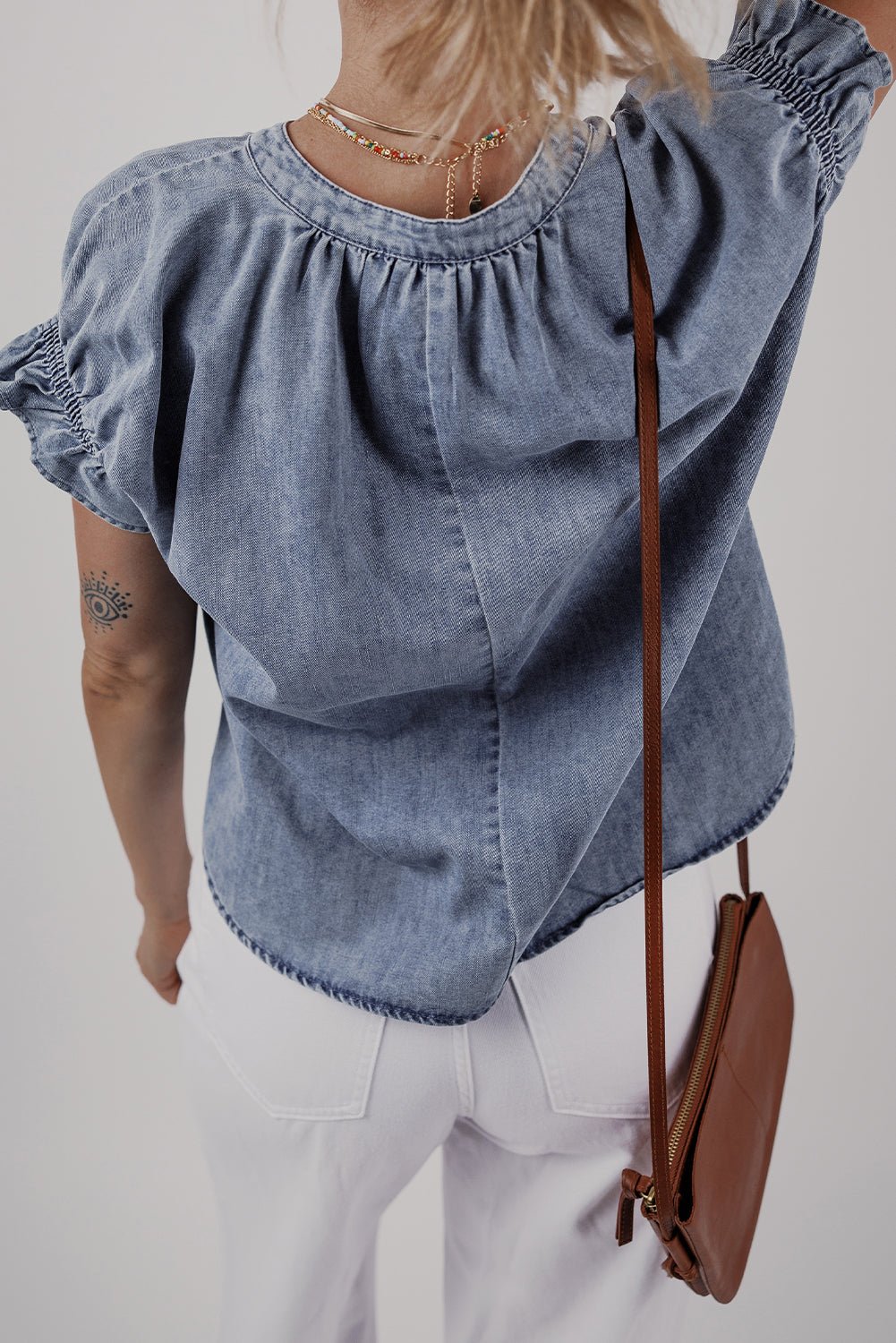 Dusk Blue V Neck Ruffled Short Puff Sleeve Denim Top - Chaelisa's New Jammies