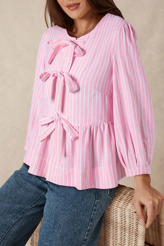 Pink Stripe Bowknot Front Crew Neck Puff Sleeve Blouse-Chaelisa's New Jammies