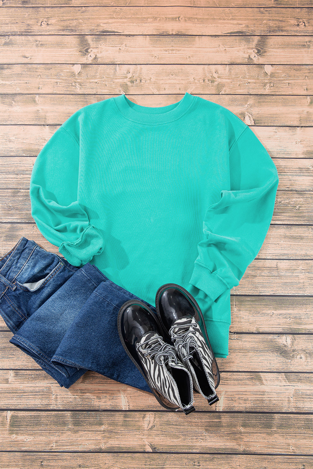 Aruba Blue Plain Drop Shoulder Crewneck Pullover Sweatshirt-Chaelisa's New Jammies