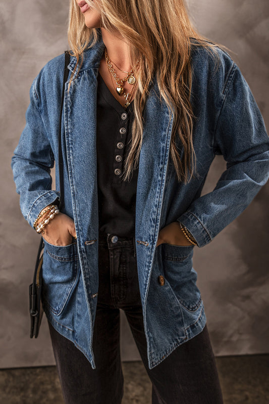 Sail Blue Side Pockets Lapel Collar Denim Jacket-Chaelisa's New Jammies