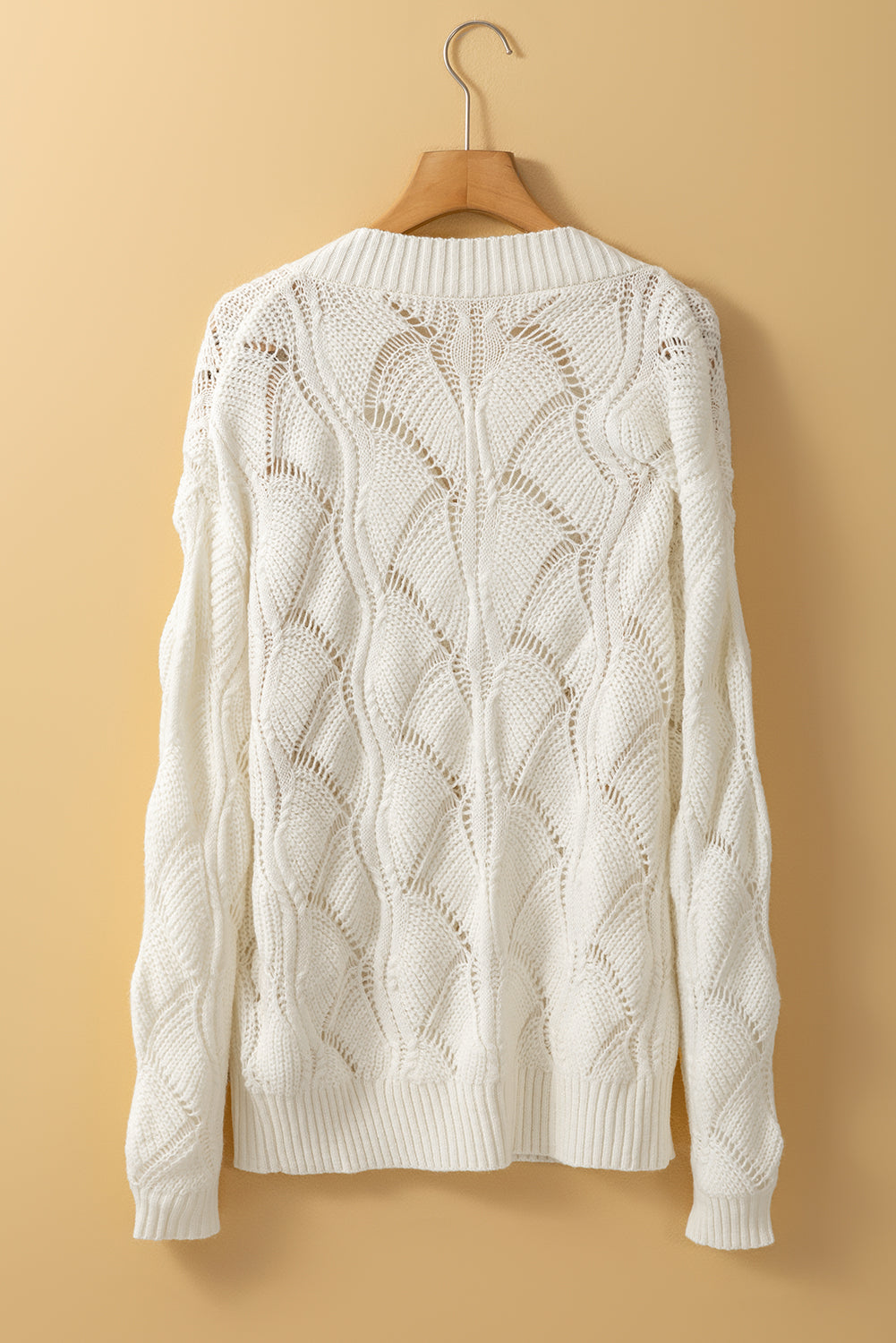 Beige Hollow Out Knit V Neck Drop Shoulder Sweater-Chaelisa's New Jammies