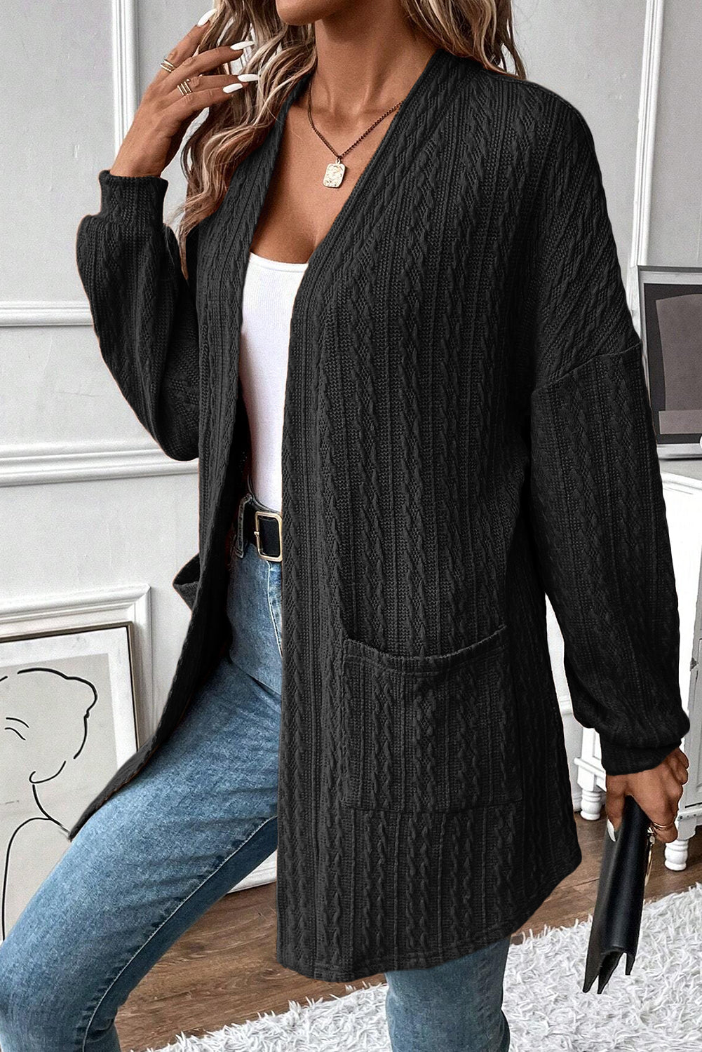 Black Textured Knit Side Pockets Open Front Cardigan-Chaelisa's New Jammies