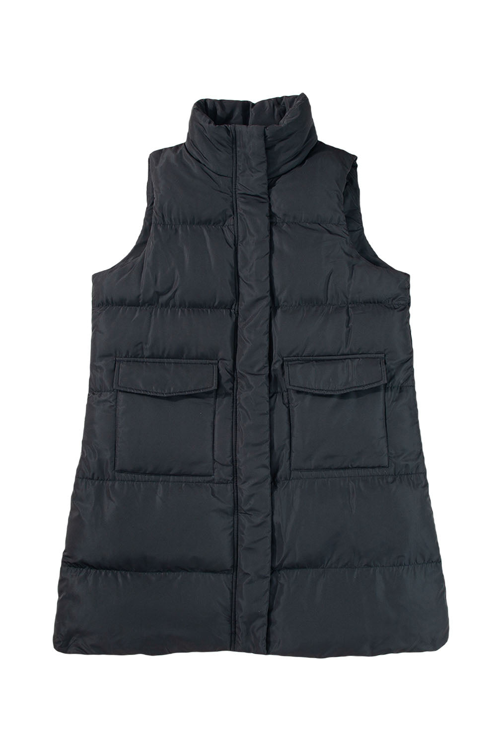 Black Windproof Longline Full Zipper Puffer Vest with Pockets-Chaelisa's New Jammies