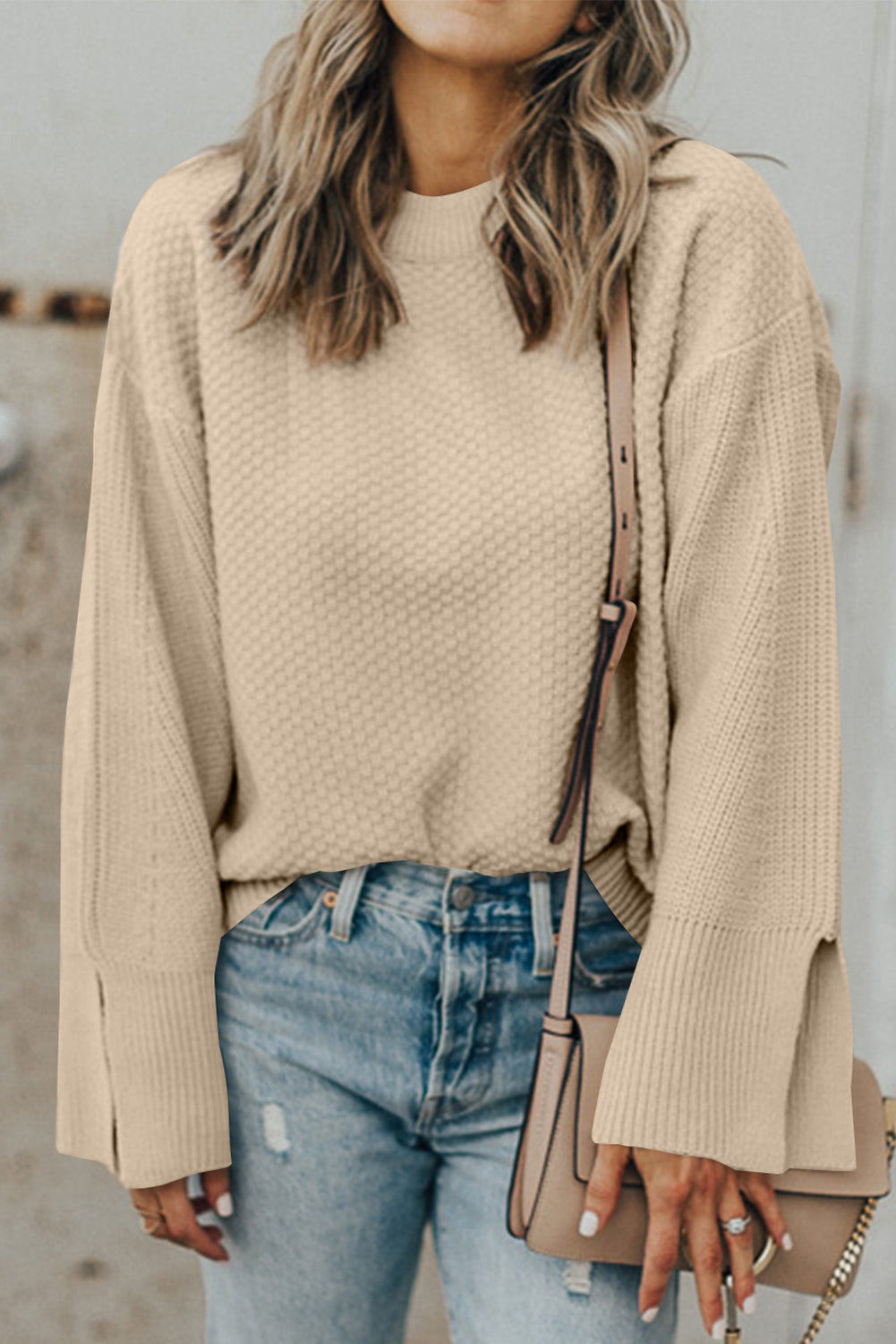 Parchment Solid Textured Knit Split Cuff Drop Shoulder Loose Sweater-Chaelisa's New Jammies