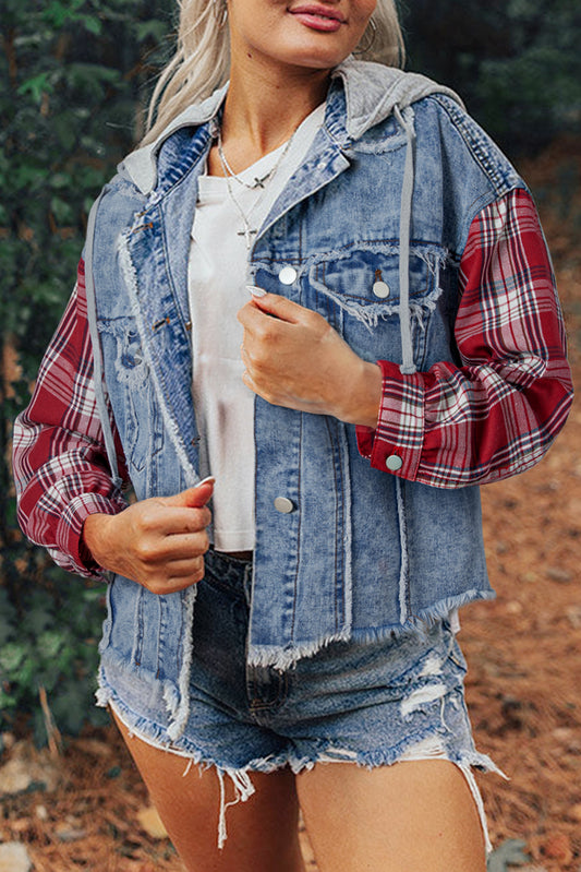 Beau Blue Plaid Print Patchwork Hooded Raw Hem Denim Jacket-Chaelisa's New Jammies