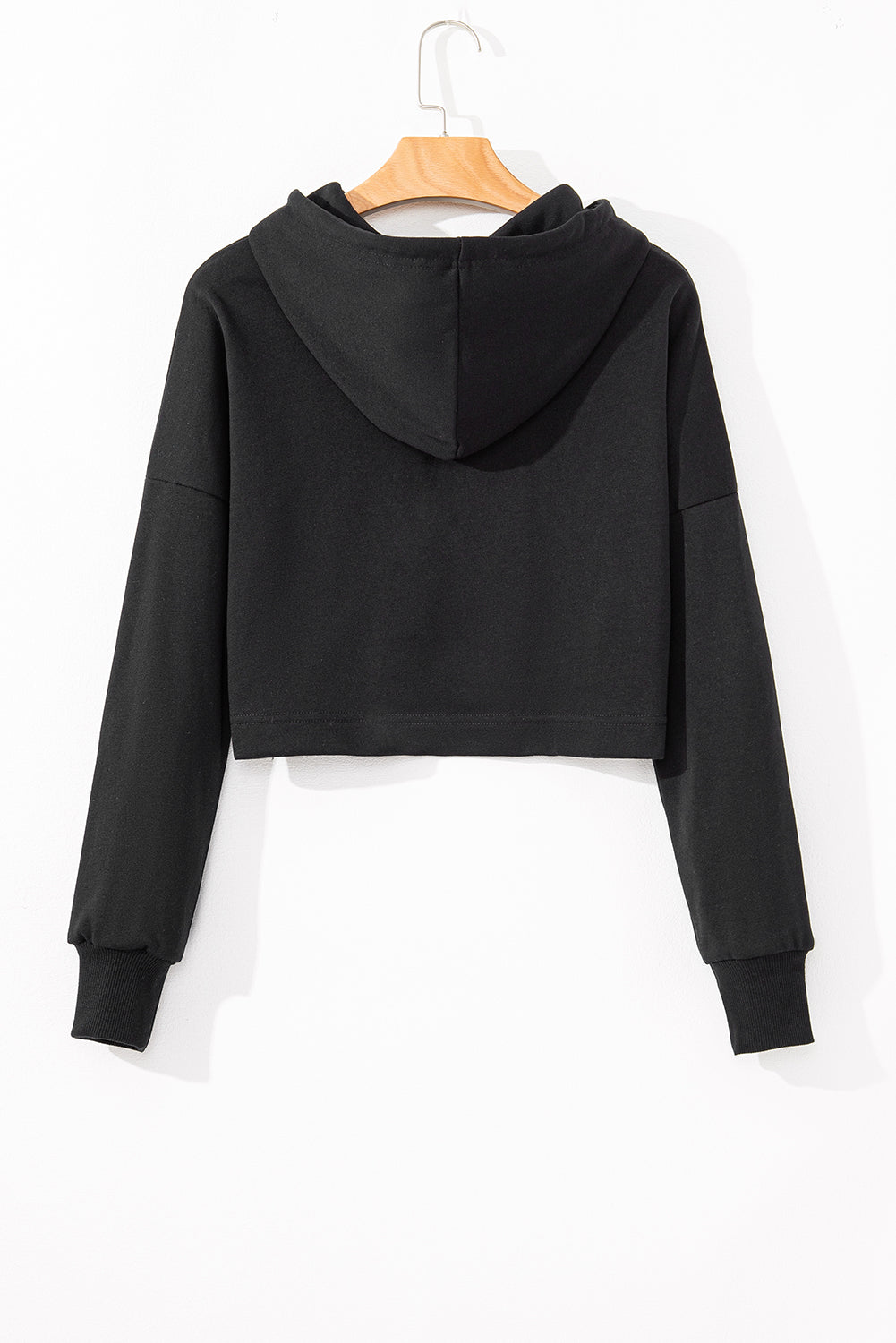 Black Solid Drop Shoulder Drawstring Cropped Hoodie-Chaelisa's New Jammies