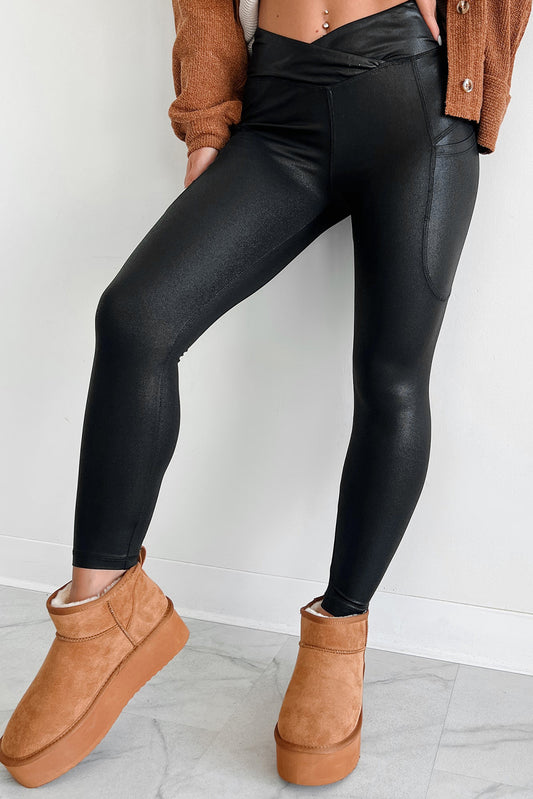 Black V Crossover High Waist Pocketed Leggings-Chaelisa's New Jammies